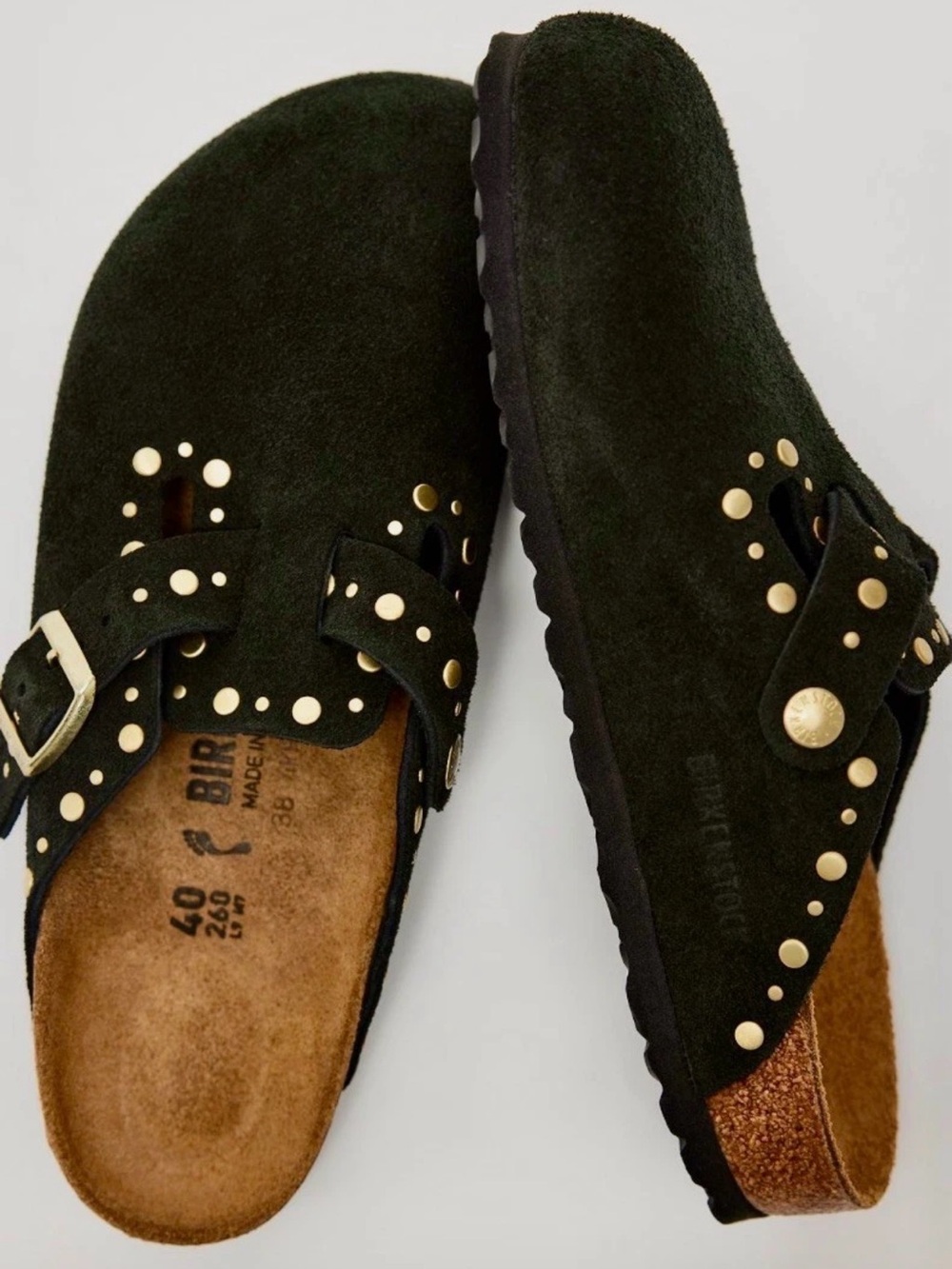 Free People Birkenstock Boston Rivets Clog Black Suede Brass Matte Studs - Picture 9 of 9